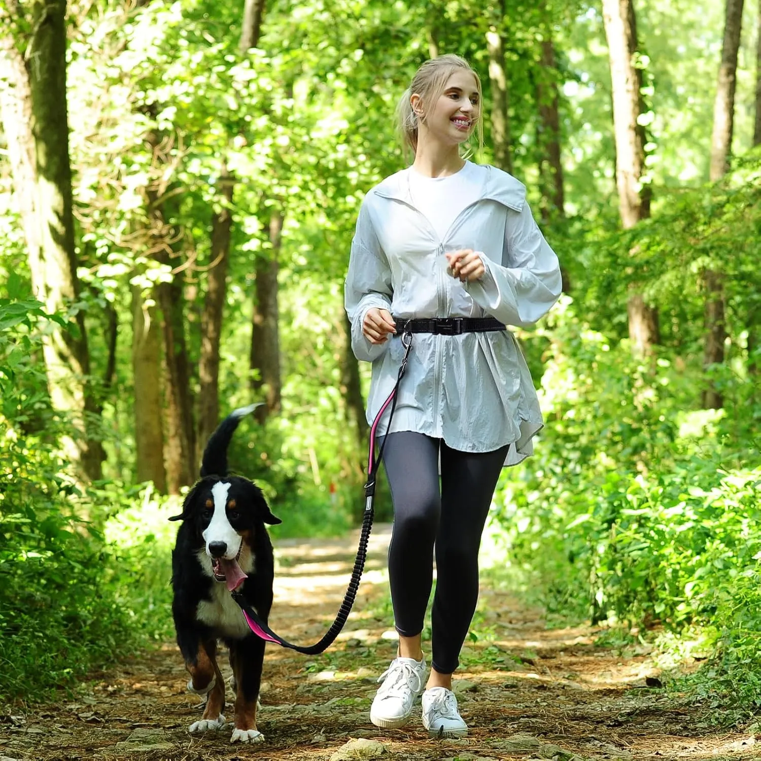 VIVAGLORY Hands Free Bungee Waist Leash for Medium & Large Dogs, Reflective Adjustable Running Leash with Dual Padded Handle for Walking, Jogging, Hiking, Black-Pink