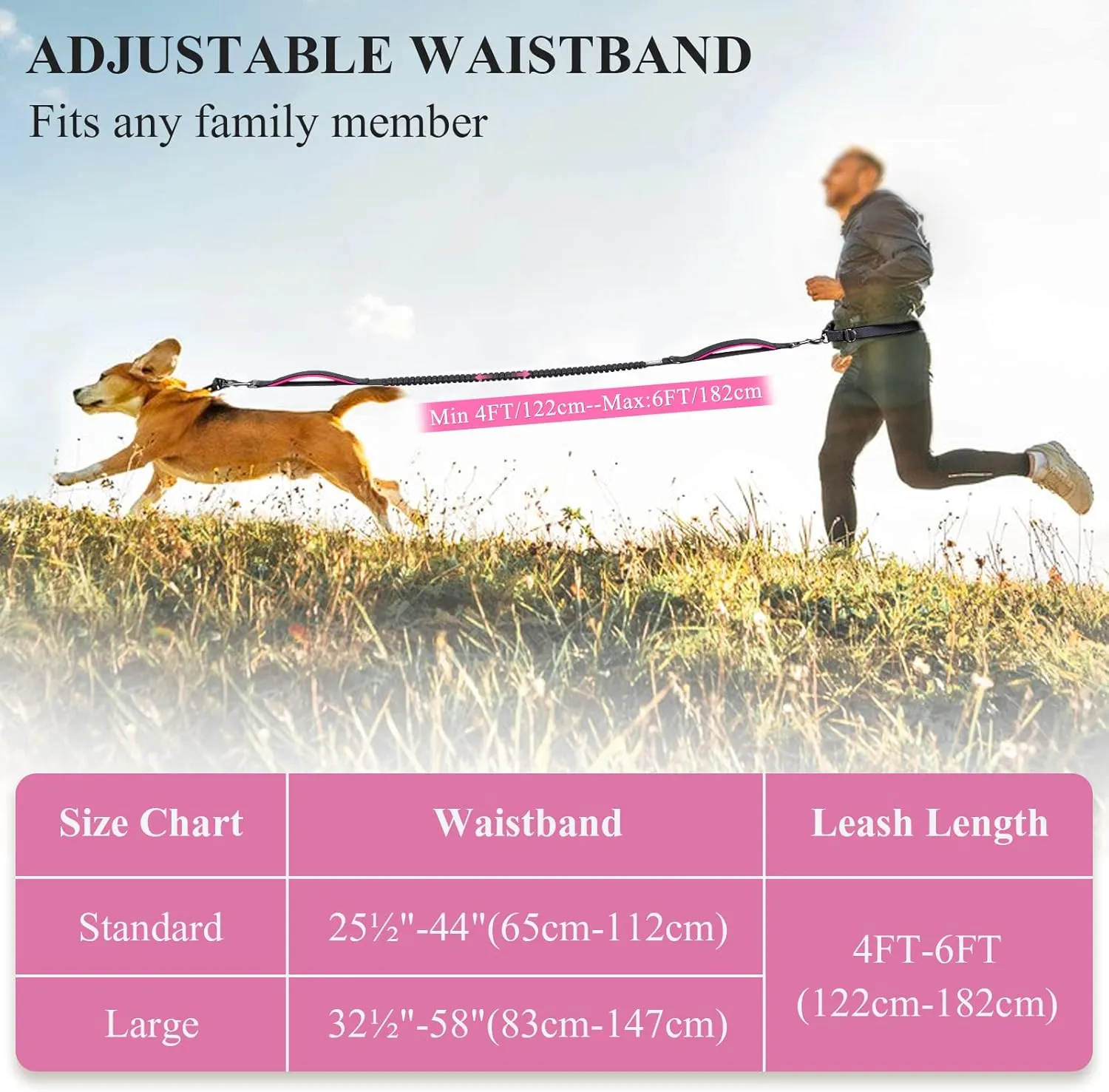 VIVAGLORY Hands Free Bungee Waist Leash for Medium & Large Dogs, Reflective Adjustable Running Leash with Dual Padded Handle for Walking, Jogging, Hiking, Black-Pink