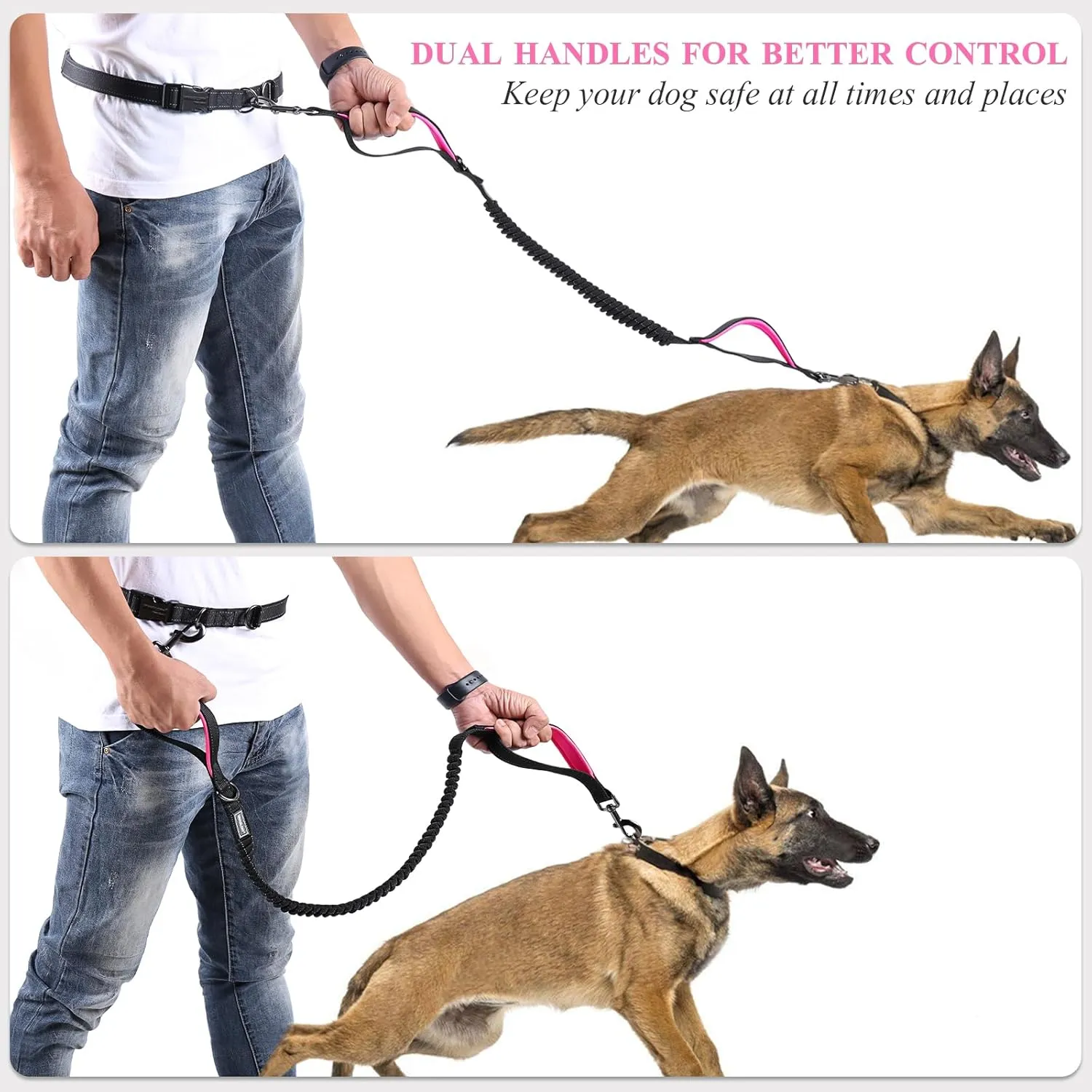 VIVAGLORY Hands Free Bungee Waist Leash for Medium & Large Dogs, Reflective Adjustable Running Leash with Dual Padded Handle for Walking, Jogging, Hiking, Black-Pink