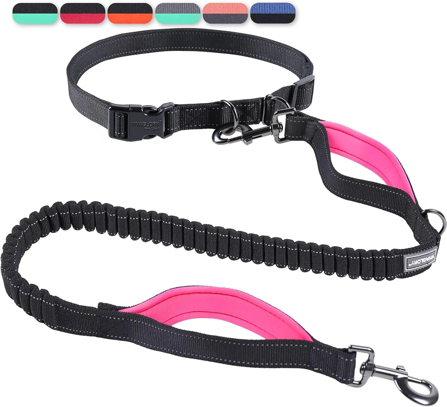 VIVAGLORY Hands Free Bungee Waist Leash for Medium & Large Dogs, Reflective Adjustable Running Leash with Dual Padded Handle for Walking, Jogging, Hiking, Black-Pink