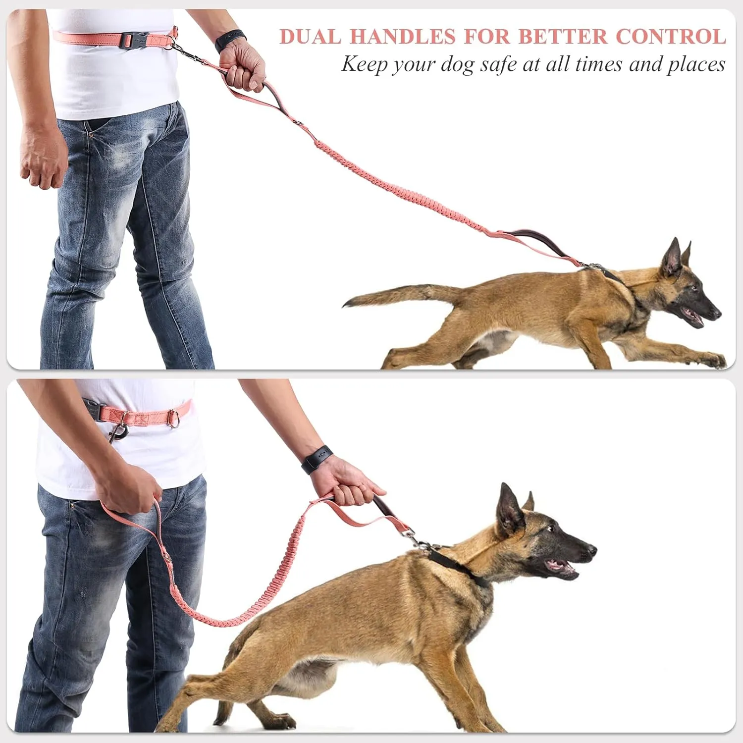 VIVAGLORY Hands Free Dog Leash, Shock-Absorbing Bungee Waist Leash for Medium & Large Dogs, Reflective Adjustable Running Leash with Dual Padded Handle for Walking, Jogging, Hiking