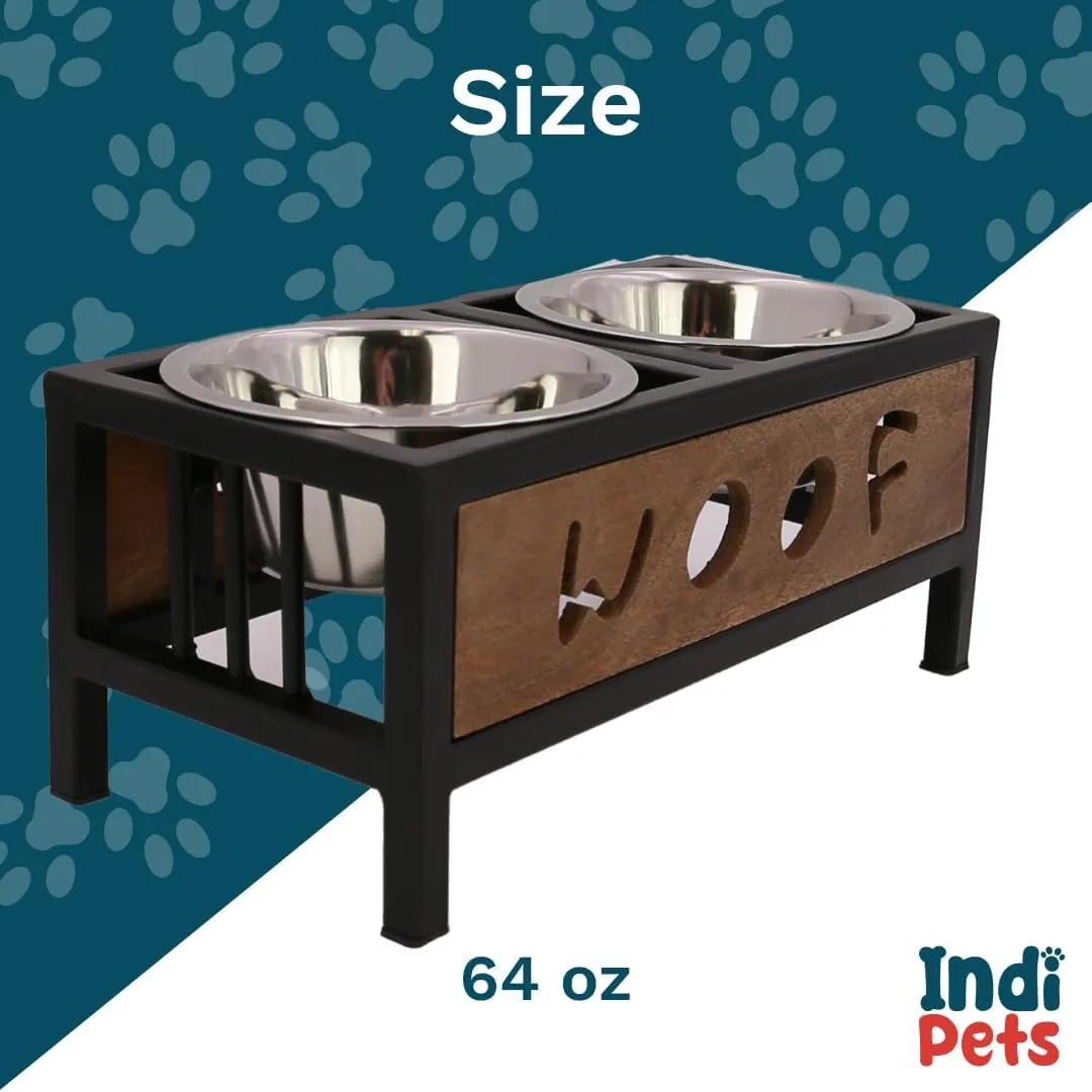 WOOF Design Wooden and Iron Stand with Stainless-Steel Bowls, Elevated Dog Feeder Bowls with Stand, Raised Bowls for pet (Large)