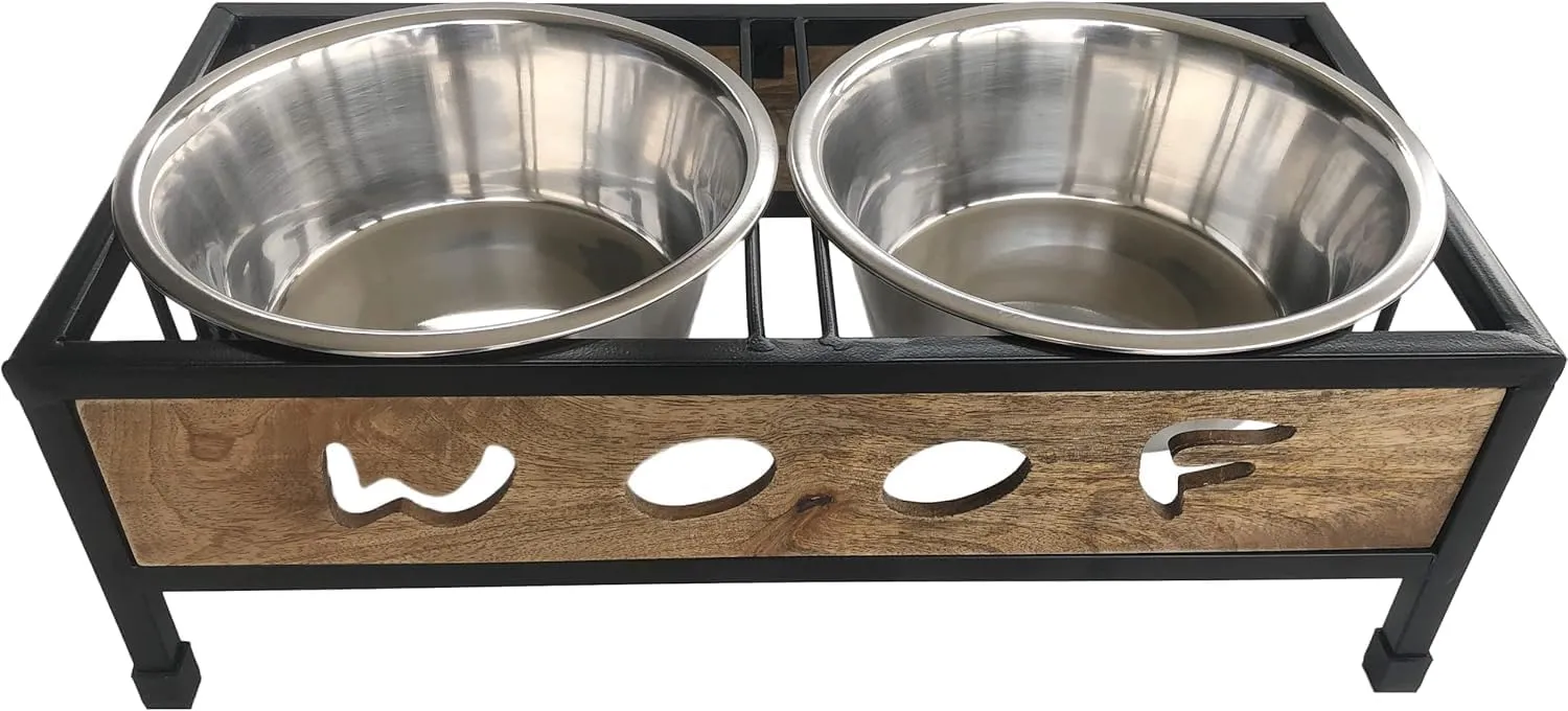WOOF Design Wooden and Iron Stand with Stainless-Steel Bowls, Elevated Dog Feeder Bowls with Stand, Raised Bowls for pet (Large)